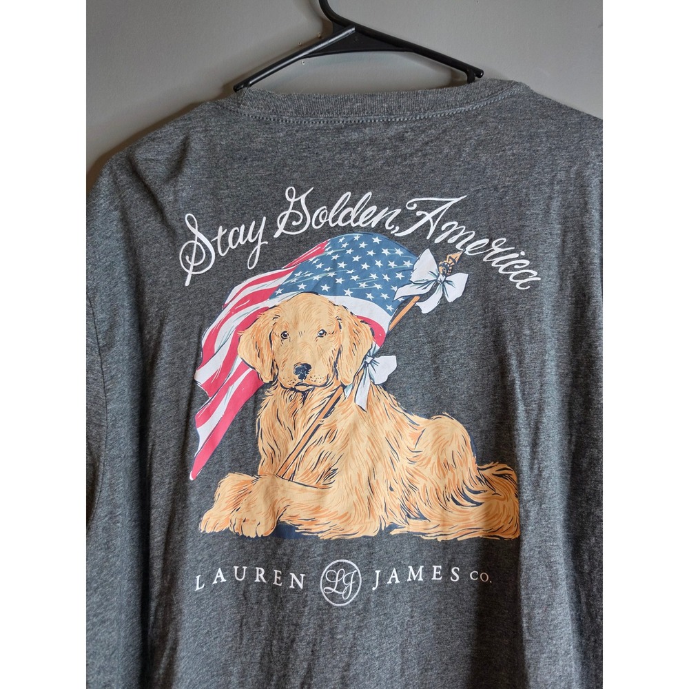 Lauren James Stay Golden America Golden Retriever Pocket T-Shirt Gray XL
